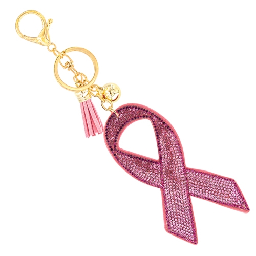 Pink & Diamond Crystals Pink Stitched Breast Cancer Ribbon Soft Plush Gold Toned Keychain