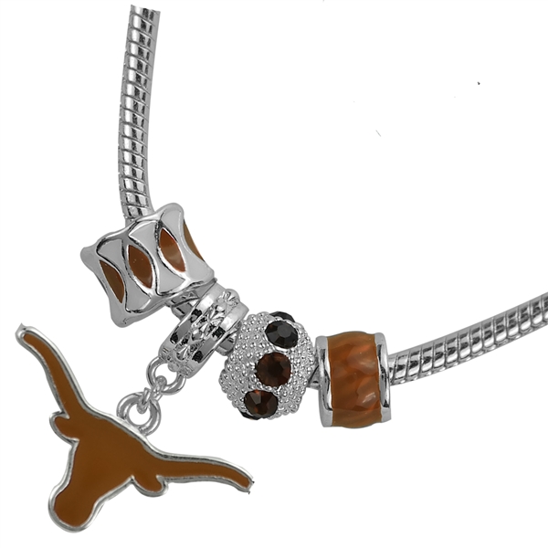 University of Texas Logo Team Colored Charms Silver Bracelet