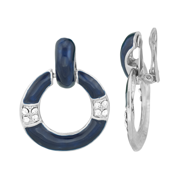 Simple Crystal Silver & Navy Round Dangle Clip-On Earrings