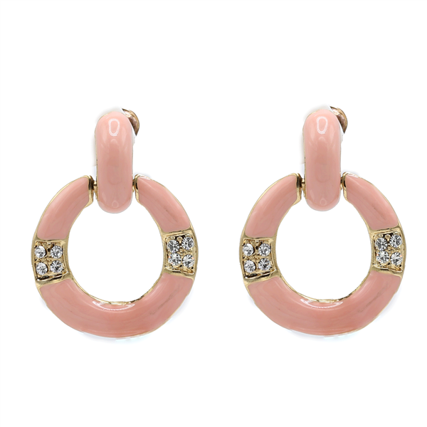 Simple Crystal Gold & Pink Round Dangle Clip-On Earrings