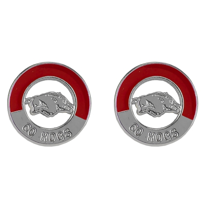 Two-Tone Circular Logo Studs Silver Earrings UARK College Jewelry