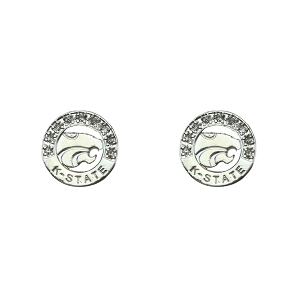 Half Crystal Kansas State University Wildcats Logo Engraved K-State Silver Earrings