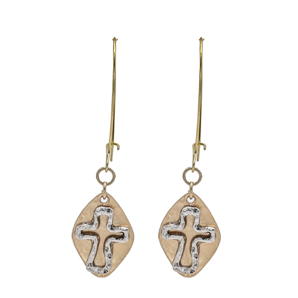 Stylish Two-Tone Cross Charm Drop Gold Toned Kidney Wire Earrings