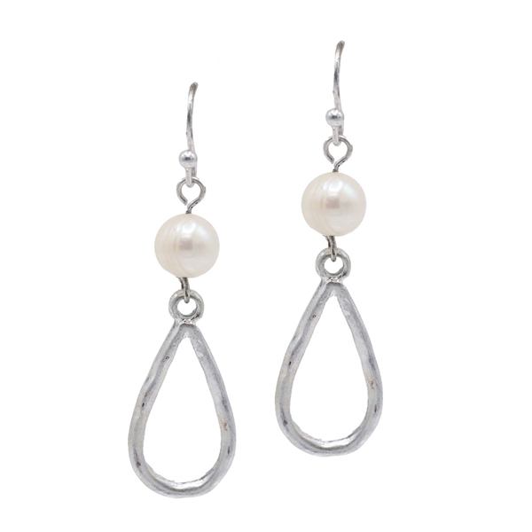 Stylish Cream Pearl Open Teardrop Matte Silver-Toned Fish Hook Earrings