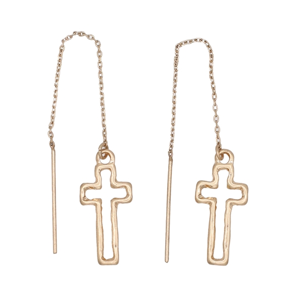 Stylish Matte Gold Hammered Cross Threader Drop Earrings