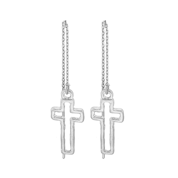 Stylish Matte Silver Hammered Cross Threader Dangle Earrings