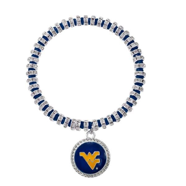 College Fashion Team Colored Crystal West Virginia University Logo Charm Stretch Bracelet