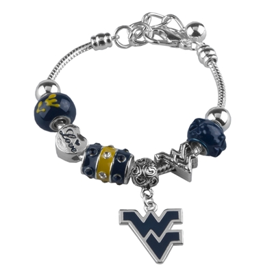 West Virginia University Mountaineers Silver WVU Bracelet Jewelry Charm Beads