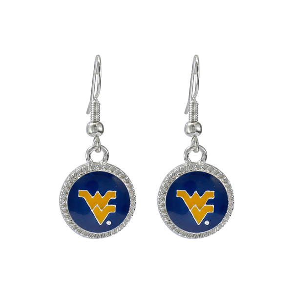 West Virginia University Mountaineers Logo Team Colored Round Charm Silver Earrings