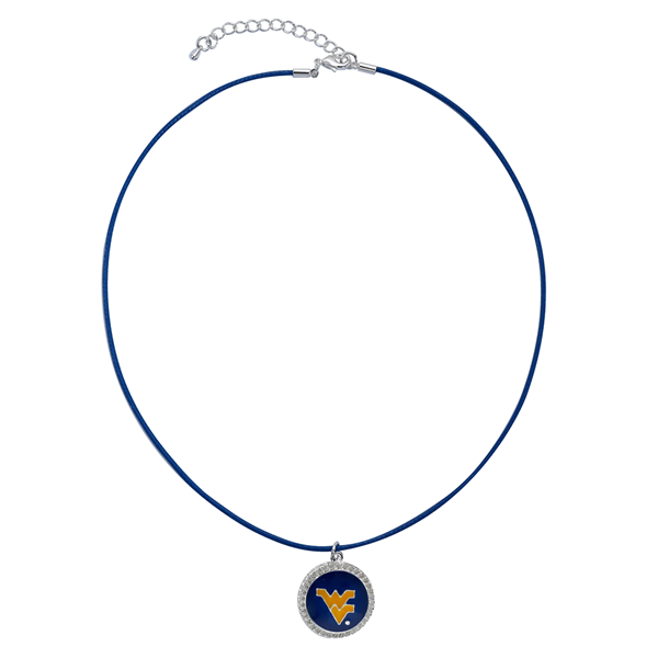 West Virginia University Team Colored Round Logo Charm Navy 18" Thin Nylon Necklace