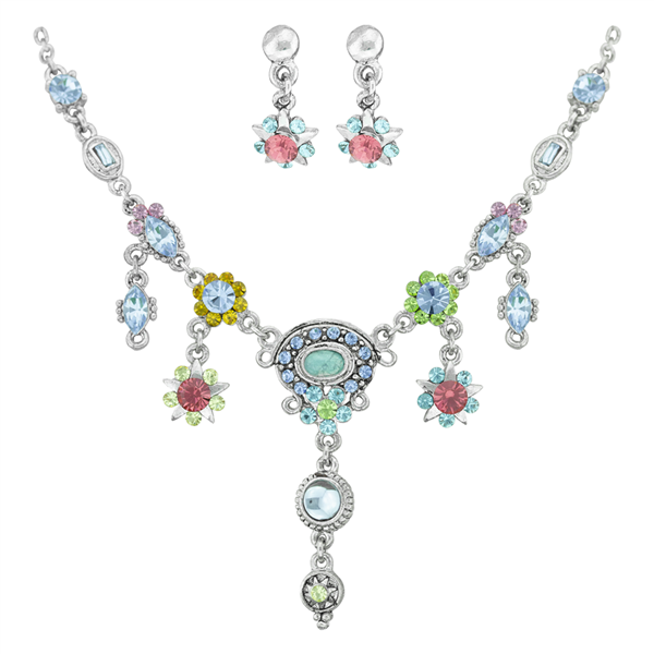 Gorgeous & Sparkling Colorful Flower Crystals Silver Toned Stud Dangle Necklace Set