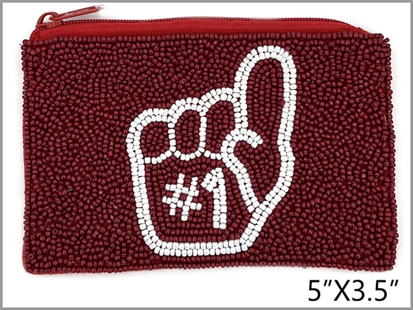 Fashion #1 Foam Finger Burgundy & White Seed Bead Coin Purse