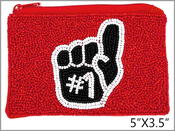 Fashion #1 Foam Finger Red, Black & White Seed Bead Coin Purse