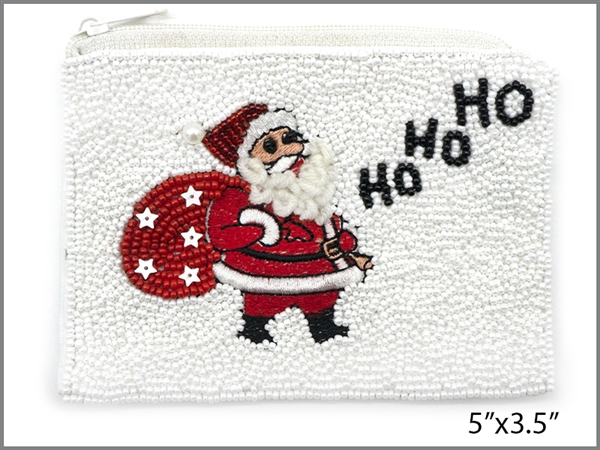 Fashion Embroidered Santa Claus Red, Black & White Seed Bead Coin Purse