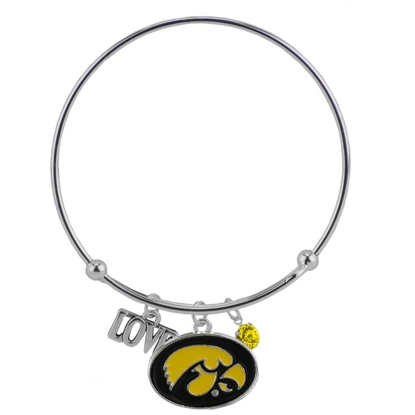 College Fashion Crystal University of Iowa Logo Charm Tassel Beth Push Bangle Bracelet