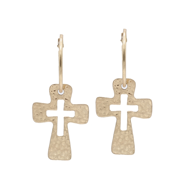 Beautiful Hammered Rounded Cross Silhouette Matte Gold Hoop Earrings
