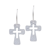 Beautiful Hammered Rounded Cross Silhouette Matte Silver Hoop Earrings