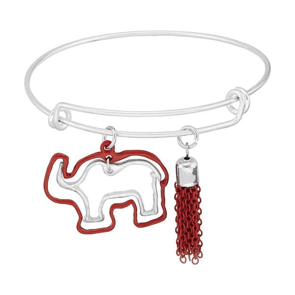 Lively Red & Silver Chain Tassel Thin Double Elephant Outline Charm Adjustable Bangle Bracelet