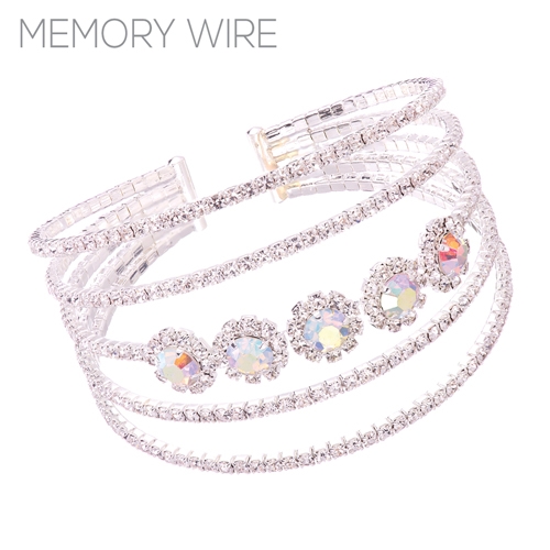 Stylish Diamond Crystal & Iridescent Stones Memory Wire 5 Row Silver Toned Bangle