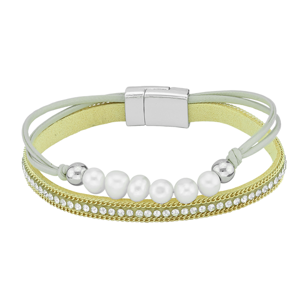 Simple & Stylish Cream Pearls & Wrap Around Crystals Beige & Silver Magnetic Bracelet