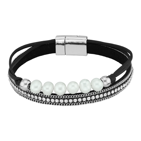 Simple & Stylish Cream Pearls & Wrap Around Crystals Black & Silver Magnetic Bracelet