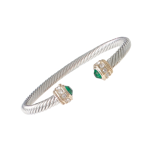 Elegant & Stylish Emerald Crystal & Silver Toned Cable Open Cuff Bangle