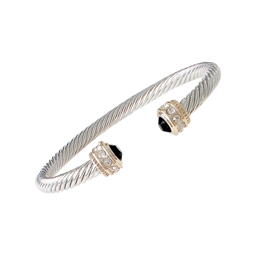 Elegant & Stylish Jet Crystal & Silver Toned Cable Open Cuff Bangle