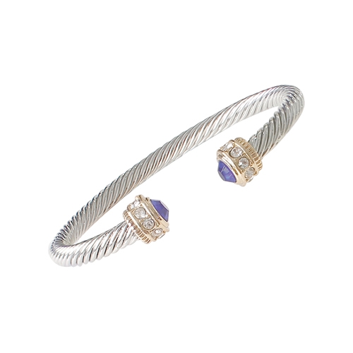 Elegant & Stylish Sapphire Crystal & Silver Toned Cable Open Cuff Bangle