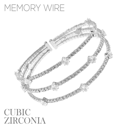 Stylish Diamond Crystal Memory Wire 3 Line Silver Toned Bangle