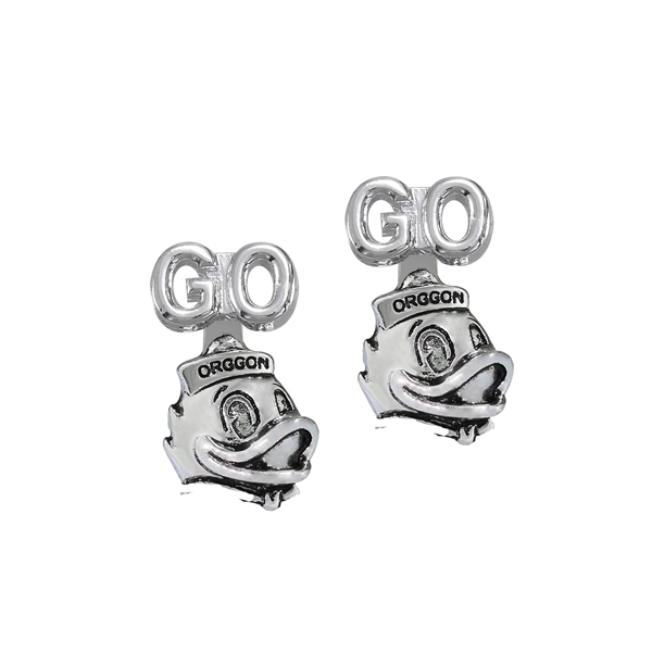 Go Oregon University Duck Head Mascot Charm 3D Silver Earrings