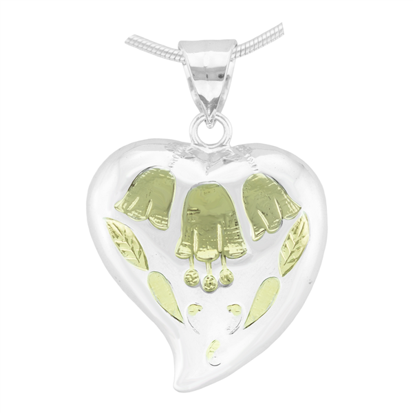 Lively Nature Holly Leaves Two-Tone Etched Pattern Heart Pendant Charm