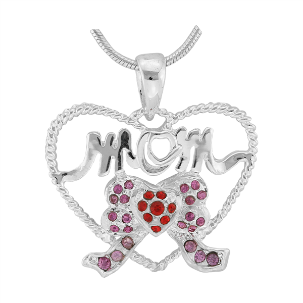 Stylish Silver Twisted Heart Mom Red & Pink Crystal Ribbon Charm Mother's Day Pendant