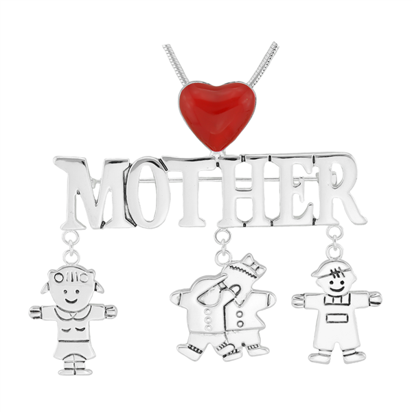 Stylish Silver & Red Mother & Kids Charm Mother's Day Pin Brooch Pendant