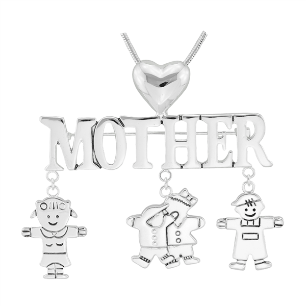 Stylish Silver Mother & Kids Charm Mother's Day Pin Brooch Pendant