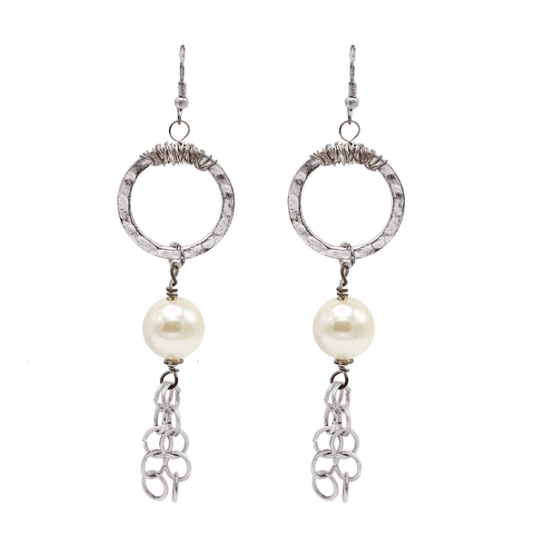 Stylish Cream Pearl Hammered Drop Silver-Toned Fish Hook Earrings