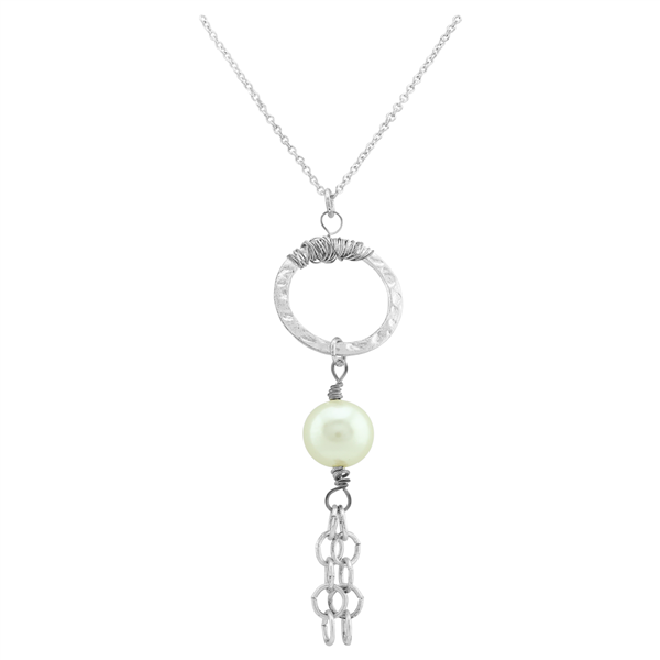 Simple & Stylish Cream Pearl Hammered Circle Dangle Links Silver Necklace