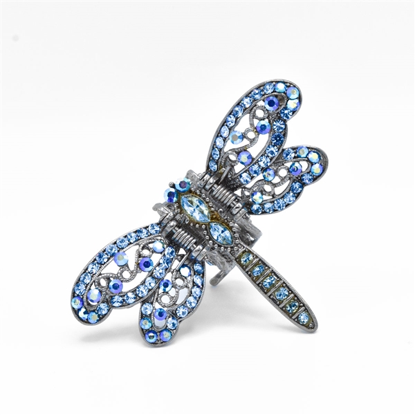 Sparkling Colored Crystals Silver Toned Dragonfly Hair Comb Clip