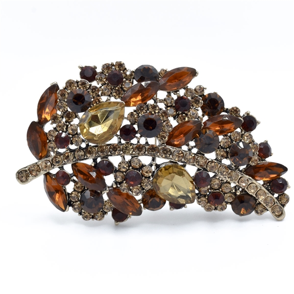 Sparkling Mocca, Smoked Topaz, Light Topaz & Ruby Crystals Clustered Leaf Brooch Pin