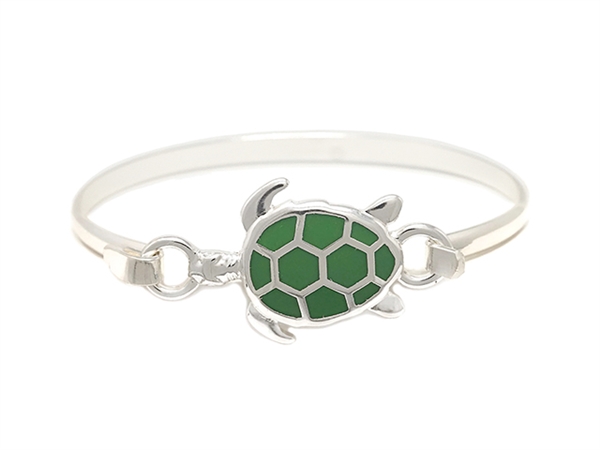 Stylish Silver & Green Sea Turtle Charm Bangle Wholesale Bracelet