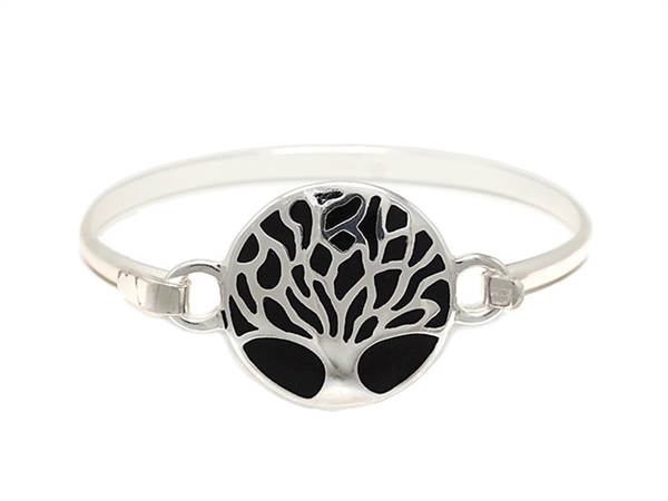 Stylish Silver & Black Round Tree of Life Charm Bangle Wholesale Bracelet