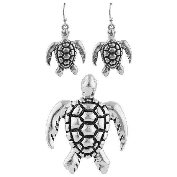 Black & Silver Sea Turtle Pendant Set