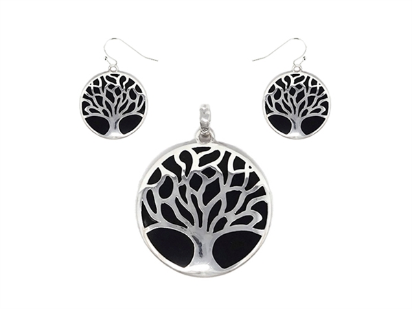 Stylish Silver & Black Round Tree of Life Pendant Set