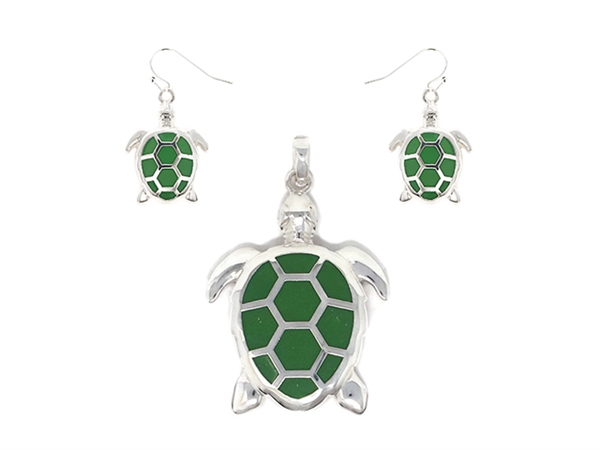 Stylish Silver & Green Sea Turtle Pendant Set