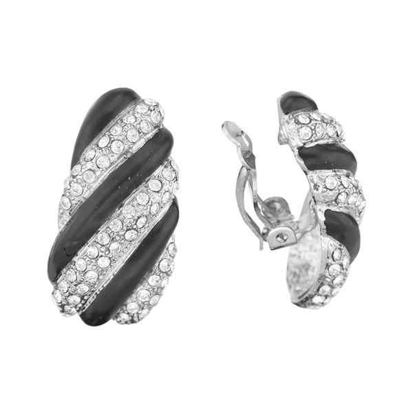 Beautiful Black Striped Crystal Silver Clip-On Earrings