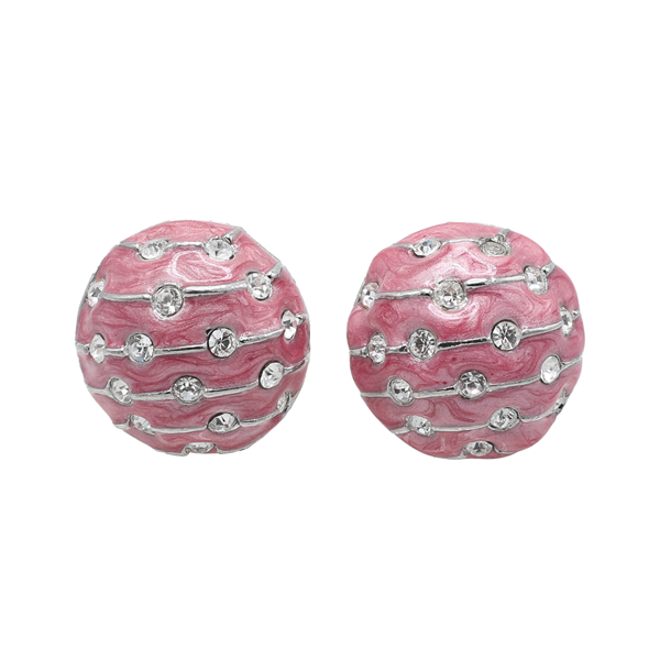 Cute Round Crystal Silver & Pink Clip-On Earrings