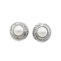 Stunning White Pearl Sparkling Crystal Silver-Toned Round Stud Earrings