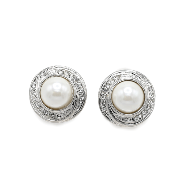 Stunning White Pearl Sparkling Crystal Silver-Toned Round Stud Earrings