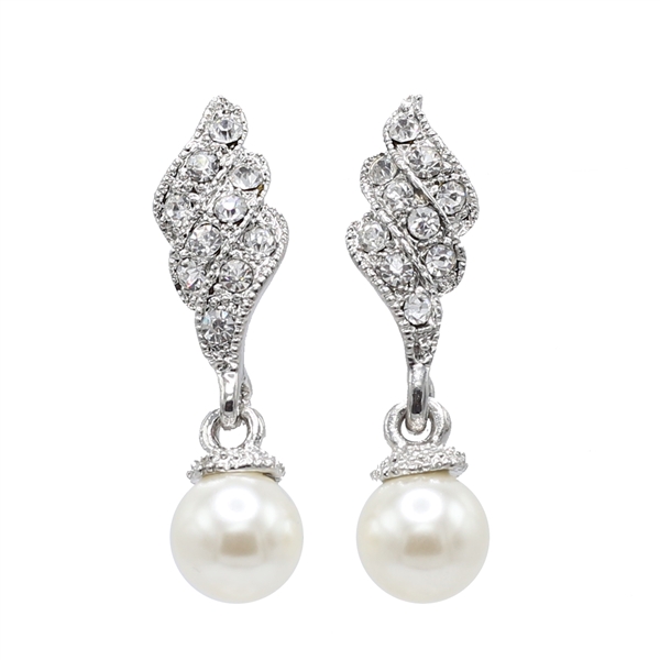Fashion Stylish Sparkling Diamond Crystals Cream Pearl Post Dangle Earrings