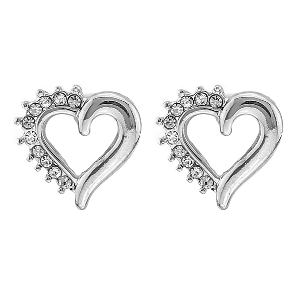 Simply Stylish Half Sparkling Clear Crystals Silver-Toned Heart Stud Earrings