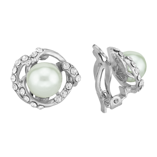 Elegant Full Crystal Faux Pearl Silver Clip-On Earrings
